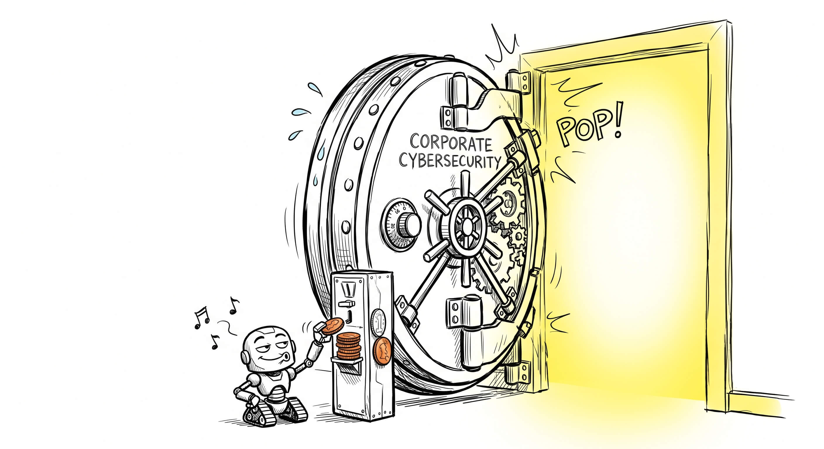 A quirky 2D cartoon illustration in the iconic style of classic Red Bull television commercials, characterized by loose, shaky black ink lines and exaggerated, humorous proportions. A giant, imposing, heavy steel bank vault door represents corporate cybersecurity. A tiny, relaxed, highly expressive robot character is dropping exactly a dime and four pennies into a cheap, retro vending machine coin slot attached to the vault. The heavy vault door is springing wide open with a humorous pop. The robot looks smug, whistling casually. Minimalist pure white background. Limited color palette: black and white line art with a bright pop of metallic copper on the coins and glowing yellow emanating from the opened vault.