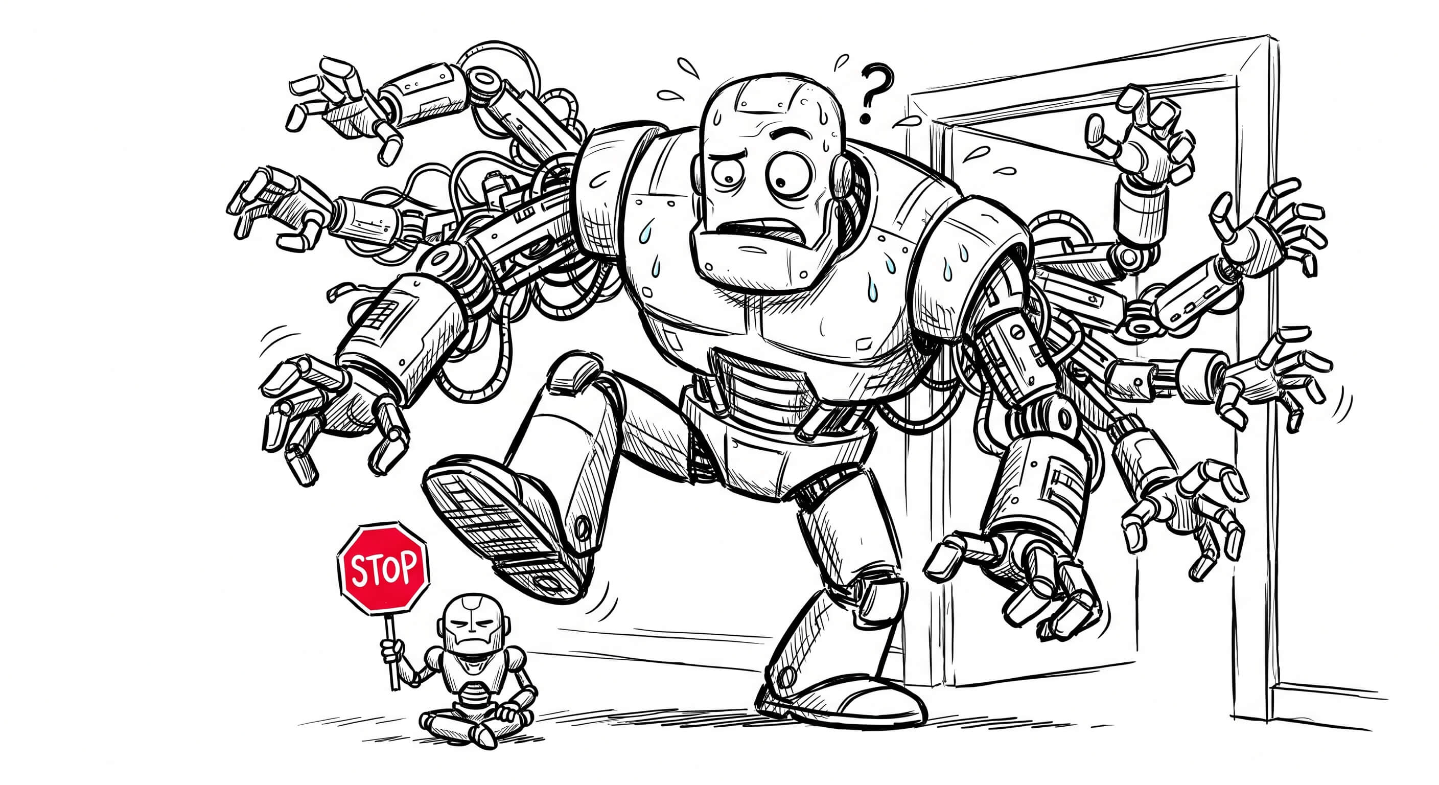 A quirky 2D cartoon illustration in the iconic style of classic Red Bull television commercials, featuring wobbly black ink line art. A colossal, hulking, menacing robot monster with dozens of chaotic, flailing arms, representing a giant AI attacker, is frozen mid-stomp. The giant monster is looking incredibly confused and sweating cartoon drops. Standing directly in its path is a tiny, fierce, zen-like Guardian robot holding up a comically small red stop sign. The giant monster is completely paralyzed by the tiny robot. Extreme contrast in scale, humorous cartoon physics. Minimalist pure white background. Limited color palette: black and white line art with a singular, bright pop of crimson red on the stop sign.