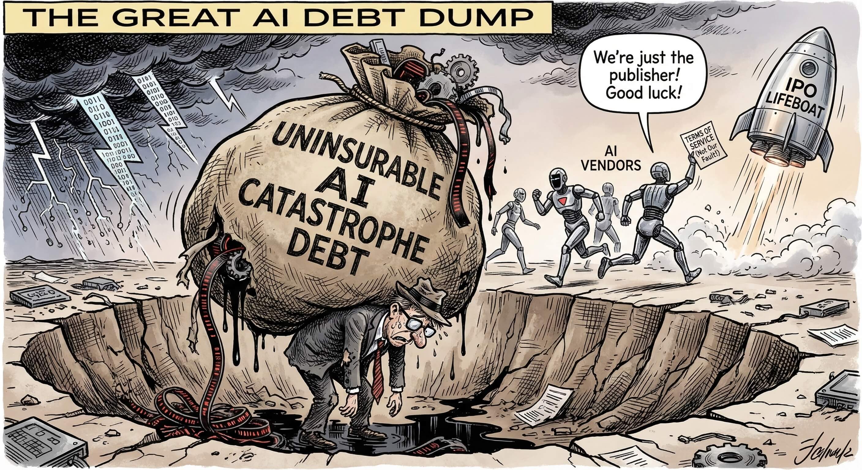 A satirical political cartoon showing a small, crushed figure of an insurance agent in a tattered suit, buckling under the weight of an enormous, overflowing burlap sack labeled 'UNINSURABLE AI CATASTROPHE DEBT.' The bag is leaking oil and data tapes. The agent is standing in a crater. In the background, running away toward a shiny escape pod labeled 'IPO LIFEBOAT,' are several sleek, futuristic figures labeled 'AI VENDORS.' One of the fleeing vendors is waving a small piece of paper labeled 'TERMS OF SERVICE (Not Our Fault!)' and shouting via speech bubble: 'We're just the publisher! Good luck!' The sky above is dark and filled with digital storm clouds. The drawing style uses heavy cross-hatching to emphasize the weight of the bag.