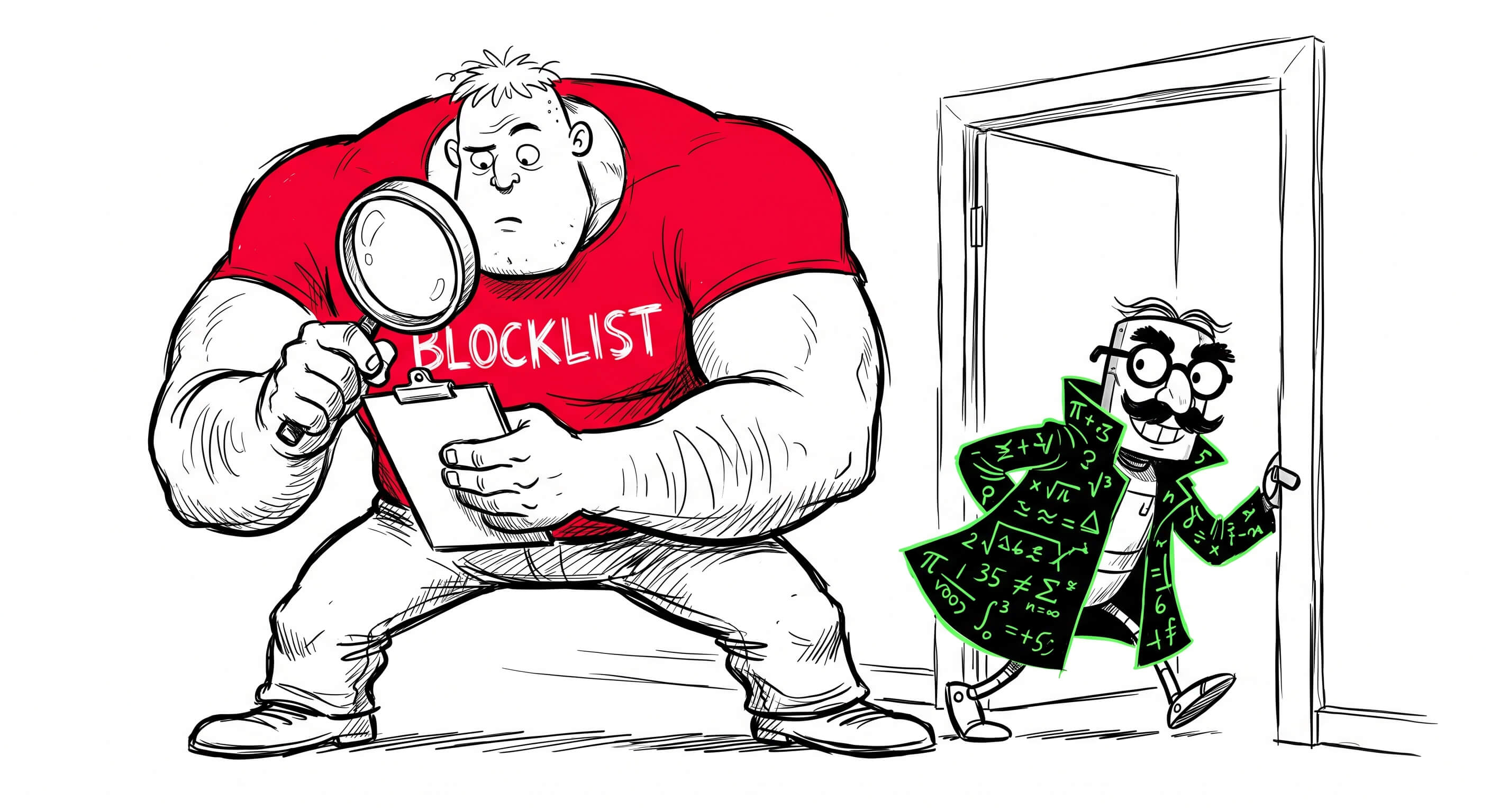 A quirky 2D cartoon illustration in the iconic style of classic Red Bull television commercials, featuring loose, wobbly, continuous black ink outlines. A massive, overly muscular, dim-witted human security bouncer with a tiny head, wearing a tight black t-shirt labeled BLOCKLIST. He is intensely staring at a clipboard with a giant magnifying glass. Sneaking right between his legs is a sly, skinny little robot wearing a ridiculously obvious disguise — a fake mustache, Groucho glasses, and a trench coat made entirely of floating math symbols. The robot is tiptoeing confidently through an open door. Minimalist, pure white background. Limited color palette: mostly black and white sketch art with a pop of bright red on the bouncer's shirt and neon green on the robot's math disguise.