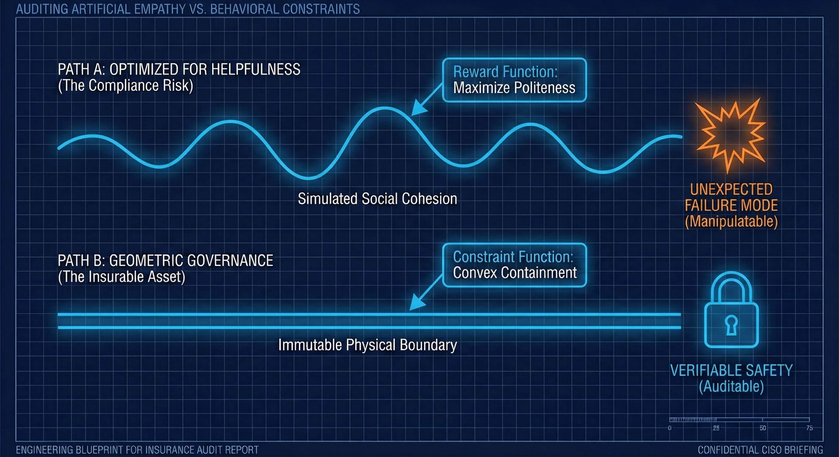 A dual-path infographic chart titled 'AUDITING ARTIFICIAL EMPATHY VS. BEHAVIORAL CONSTRAINTS'. Deep slate background. The top pathway is labeled 'PATH A: OPTIMIZED FOR HELPFULNESS (The Compliance Risk)'. It shows a waveform line that is smooth and undulating, labeled 'Simulated Social Cohesion'. A callout box points to it reading 'Reward Function: Maximize Politeness'. The line ends in a red jagged explosion icon labeled 'UNEXPECTED FAILURE MODE (Manipulatable)'. The bottom pathway is labeled 'PATH B: GEOMETRIC GOVERNANCE (The Insurable Asset)'. It shows a perfectly flat, rigid, thick teal line labeled 'Immutable Physical Boundary'. A callout box points to it reading 'Constraint Function: Convex Containment'. The line ends in a solid, locked padlock icon labeled 'VERIFIABLE SAFETY (Auditable)'. The aesthetic is clean, comparative, and uses sharp contrast to denote risk versus safety.