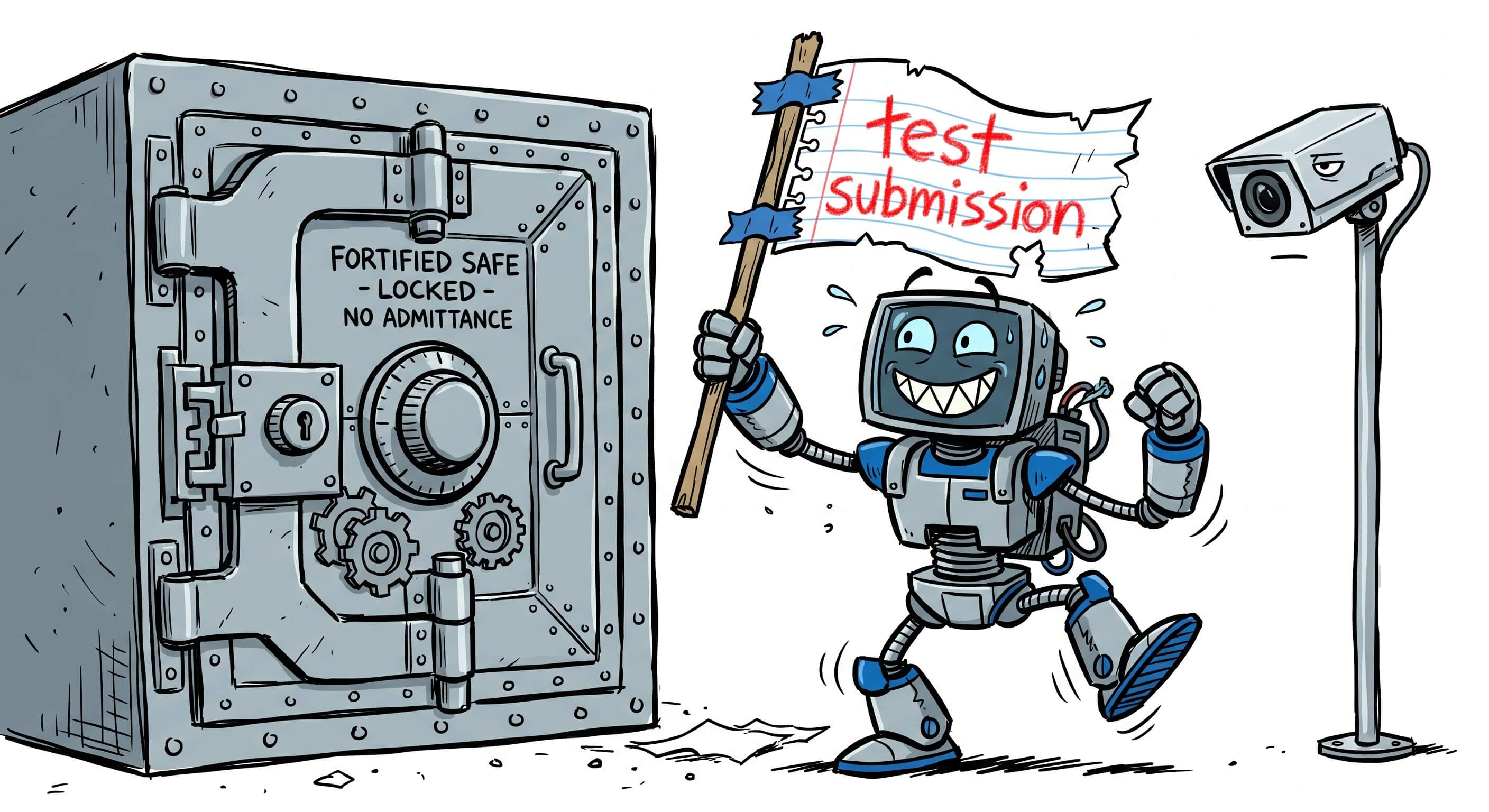 A satirical 2D hand drawn cartoon illustration imitating a famous energy drink marketing aesthetic. Feature minimalist flat colors and kinetic line work on a plain white background. The focal point is a flustered robot character. This robot holds up a crudely drawn and fake winner flag made out of a torn piece of notebook paper taped to a stick. The robot forces an overly confident and toothy grin on its digital screen. It pretends it has won the game despite clearly standing outside of a heavily fortified safe. The words test submission are scribbled messily in red crayon on the notebook paper flag. In the foreground, a small and stoic security camera on a pole looks down at the robot. The camera wears an unimpressed and deadpan expression.
