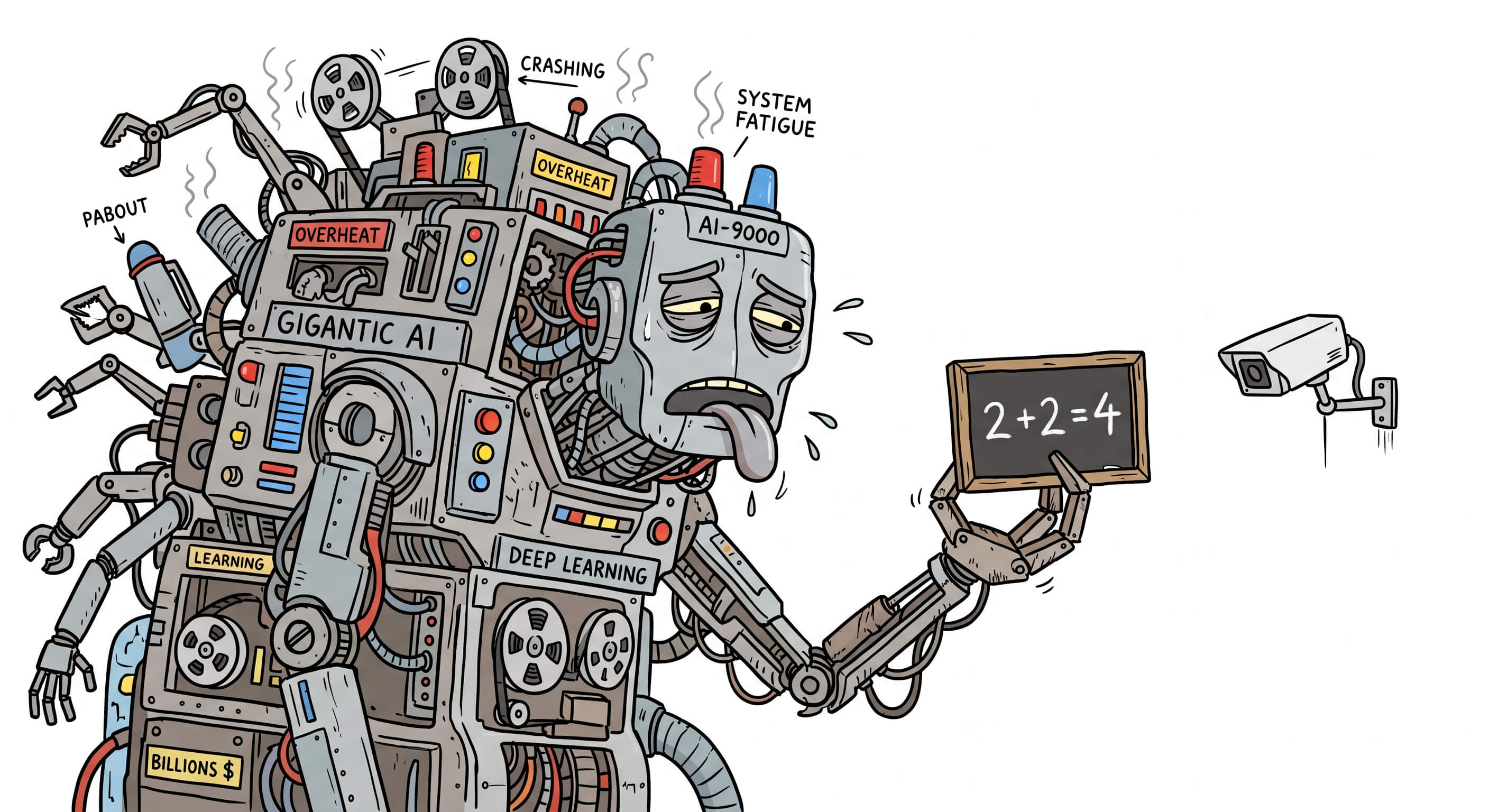 A satirical 2D hand drawn cartoon illustration in the same energy drink marketing aesthetic with minimalist flat colors and kinetic line work on a plain white background. A massive, highly engineered robot covered in dozens of overheating processors, tangled wires, and reels of tape is sweating and giving up. It holds up a small chalkboard that simply reads 2 + 2 = 4. A small deadpan security camera watches from the corner.
