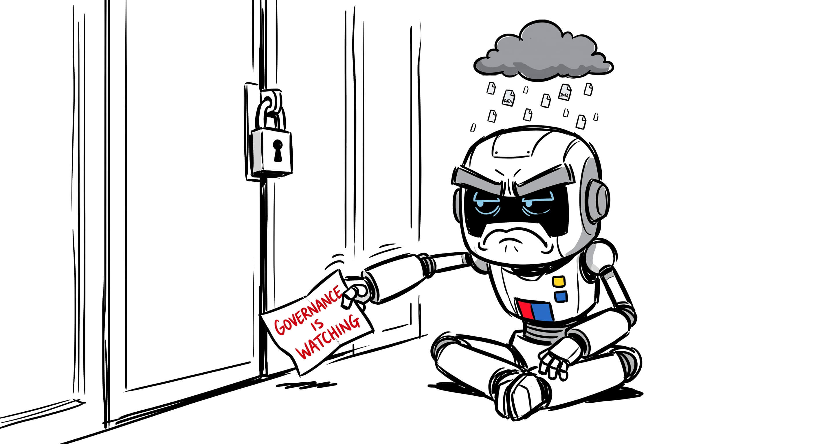 A satirical 2D hand drawn cartoon illustration in the same energy drink marketing aesthetic with minimalist flat colors and kinetic line work on a plain white background. A grumpy, sulking robot sits on the floor beside a locked door, sliding a crumpled note that reads governance is watching under the door in a passive-aggressive manner. A small rain cloud of error documents hovers over its head.